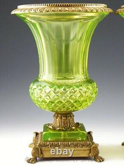 Antique French 12.25 VASELINE CHARTREUSE CRYSTAL & BRASS MEDICI VASES URNS PAIR
