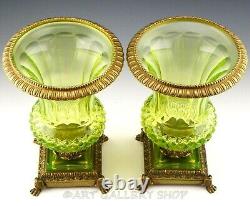 Antique French 12.25 VASELINE CHARTREUSE CRYSTAL & BRASS MEDICI VASES URNS PAIR