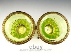 Antique French 12.25 VASELINE CHARTREUSE CRYSTAL & BRASS MEDICI VASES URNS PAIR