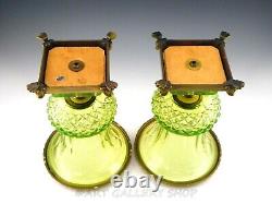 Antique French 12.25 VASELINE CHARTREUSE CRYSTAL & BRASS MEDICI VASES URNS PAIR