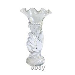 Antique French 19th Century Clear Glass Hand Vase Holding Flower Horn Of Plenty