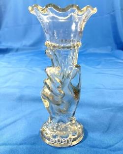 Antique French 19th Century Clear Glass Hand Vase Holding Flower Horn Of Plenty