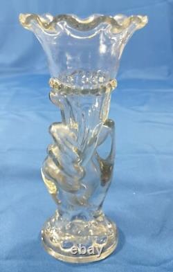 Antique French 19th Century Clear Glass Hand Vase Holding Flower Horn Of Plenty