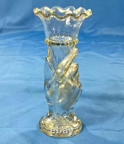 Antique French 19th Century Clear Glass Hand Vase Holding Flower Horn Of Plenty
