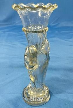 Antique French 19th Century Clear Glass Hand Vase Holding Flower Horn Of Plenty