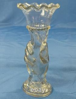 Antique French 19th Century Clear Glass Hand Vase Holding Flower Horn Of Plenty