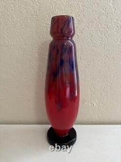 Antique French Art Deco Charles Schneider Signed Mottled Glass Red & Blue Vase