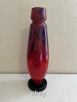 Antique French Art Deco Charles Schneider Signed Mottled Glass Red & Blue Vase