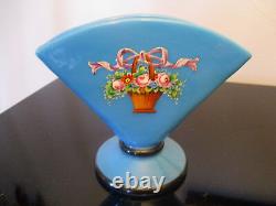 Antique French Art Glass HP Enamelled Bow Roses Basket Blue Opaline Fan Vase