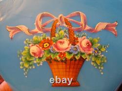 Antique French Art Glass HP Enamelled Bow Roses Basket Blue Opaline Fan Vase