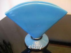 Antique French Art Glass HP Enamelled Bow Roses Basket Blue Opaline Fan Vase