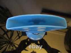 Antique French Art Glass HP Enamelled Bow Roses Basket Blue Opaline Fan Vase