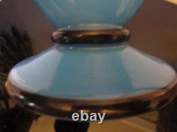 Antique French Art Glass HP Enamelled Bow Roses Basket Blue Opaline Fan Vase