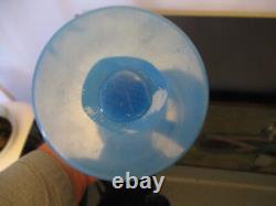 Antique French Art Glass HP Enamelled Bow Roses Basket Blue Opaline Fan Vase