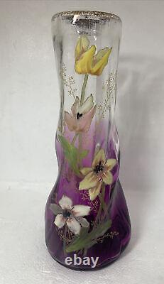 Antique French Art Glass Legras Hand Painted Floral Vase 8amethyst color signed