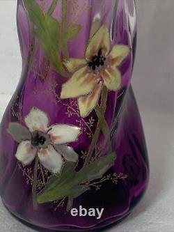 Antique French Art Glass Legras Hand Painted Floral Vase 8amethyst color signed