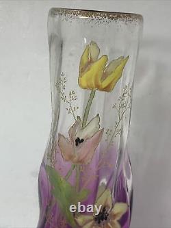 Antique French Art Glass Legras Hand Painted Floral Vase 8amethyst color signed