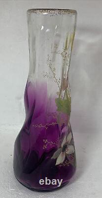 Antique French Art Glass Legras Hand Painted Floral Vase 8amethyst color signed