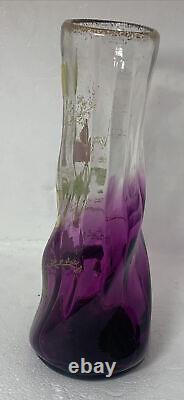 Antique French Art Glass Legras Hand Painted Floral Vase 8amethyst color signed