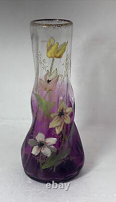Antique French Art Glass Legras Hand Painted Floral Vase 8amethyst color signed