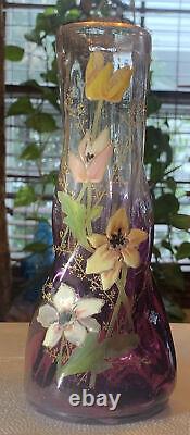 Antique French Art Glass Legras Hand Painted Floral Vase 8amethyst color signed