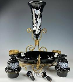 Antique French Art Glass Napoleon III Vanity Stand, Vase, 2 Perfume Bottle, Tray