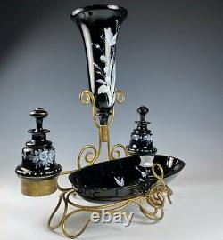 Antique French Art Glass Napoleon III Vanity Stand, Vase, 2 Perfume Bottle, Tray