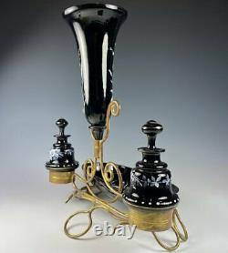 Antique French Art Glass Napoleon III Vanity Stand, Vase, 2 Perfume Bottle, Tray