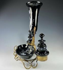 Antique French Art Glass Napoleon III Vanity Stand, Vase, 2 Perfume Bottle, Tray