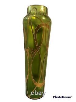 Antique French Art Nouveau Bohemian Green Vase Enameled Gold Vase Legras & Cie