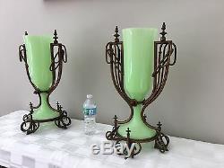Antique French Art Nouveau Jade Green Opaline Bronze Glass Vase Urn Pair