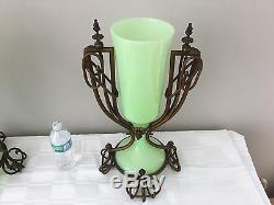 Antique French Art Nouveau Jade Green Opaline Bronze Glass Vase Urn Pair