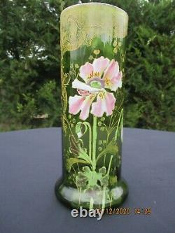 Antique French Art Nouveau Legras Montjoye Glass Green Enameled Vase Dahlia