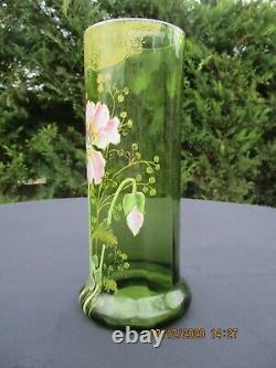 Antique French Art Nouveau Legras Montjoye Glass Green Enameled Vase Dahlia