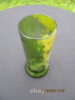 Antique French Art Nouveau Legras Montjoye Glass Green Enameled Vase Dahlia