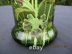 Antique French Art Nouveau Legras Montjoye Glass Green Enameled Vase Dahlia