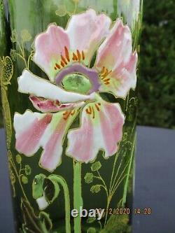 Antique French Art Nouveau Legras Montjoye Glass Green Enameled Vase Dahlia