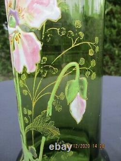 Antique French Art Nouveau Legras Montjoye Glass Green Enameled Vase Dahlia