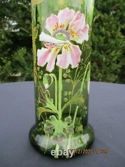 Antique French Art Nouveau Legras Montjoye Glass Green Enameled Vase Dahlia