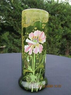 Antique French Art Nouveau Legras Montjoye Glass Green Enameled Vase Dahlia