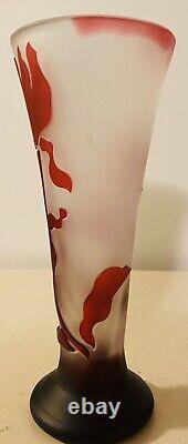 Antique French Art Nouveau Signed Cameo Art Glass Vase Iris Flowers