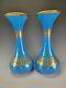 Antique French Baccarat Blue Opaline Elegant Gilt Glass Vase Pair