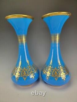 Antique French Baccarat Blue Opaline Elegant Gilt Glass Vase Pair