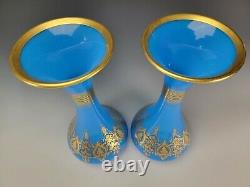 Antique French Baccarat Blue Opaline Elegant Gilt Glass Vase Pair