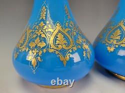 Antique French Baccarat Blue Opaline Elegant Gilt Glass Vase Pair