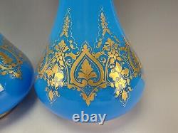 Antique French Baccarat Blue Opaline Elegant Gilt Glass Vase Pair