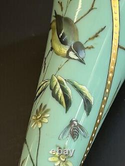 Antique French Baccarat Blue Opaline Glass Vase Jeweled Enamel Handpainted Bird