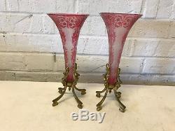 Antique French Baccarat Crystal Pair of Red Clear Etched Cameo Vases Metal Bases