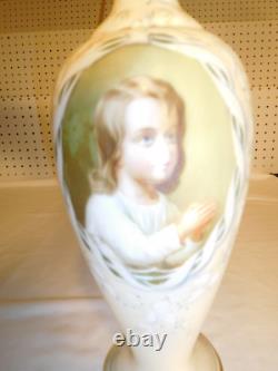 Antique French Beige Opaline Glass TALL 14 Child Praying to God Portrait Vase