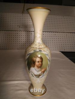Antique French Beige Opaline Glass TALL 14 Child Praying to God Portrait Vase